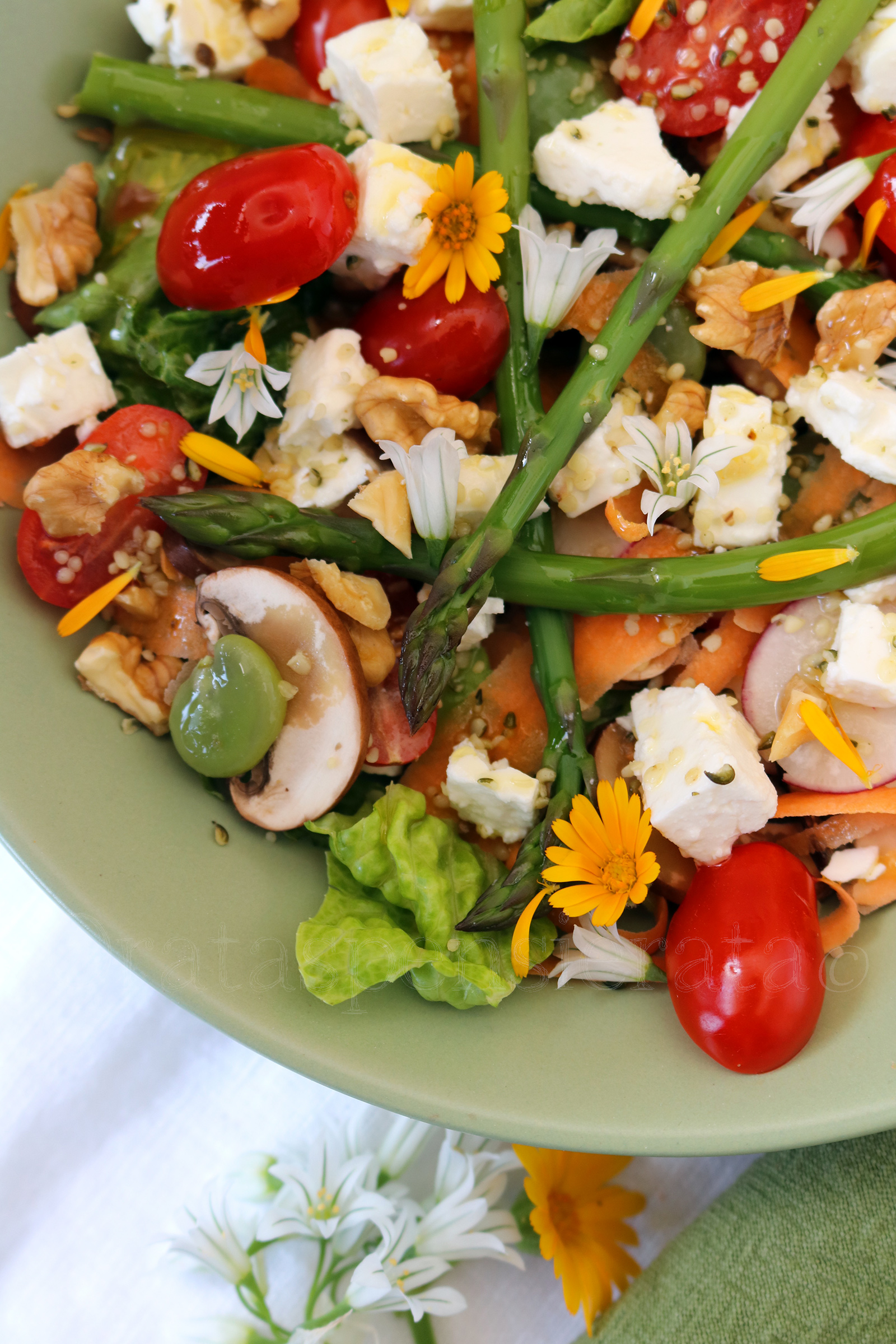 Insalata con formaggio di capra asparagi champignon e calendula