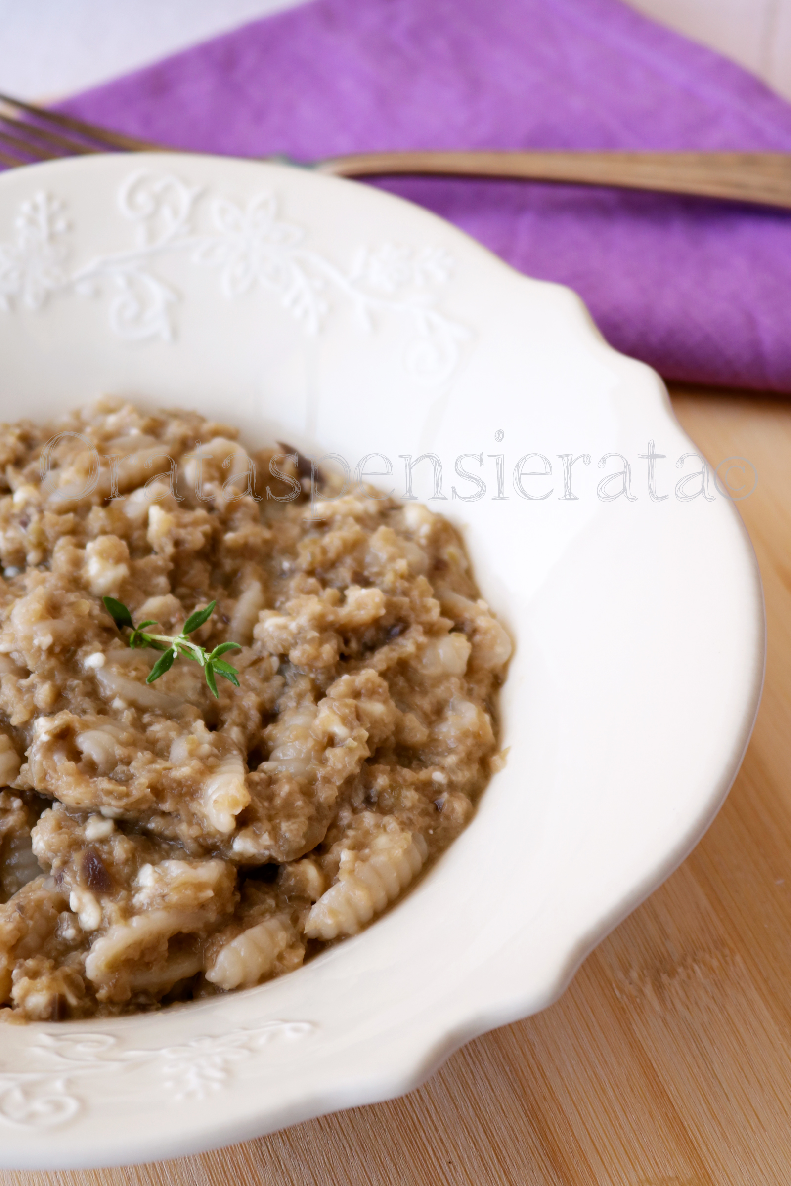 Gnocchetti risottati con crema di melanzane e ricotta mustia