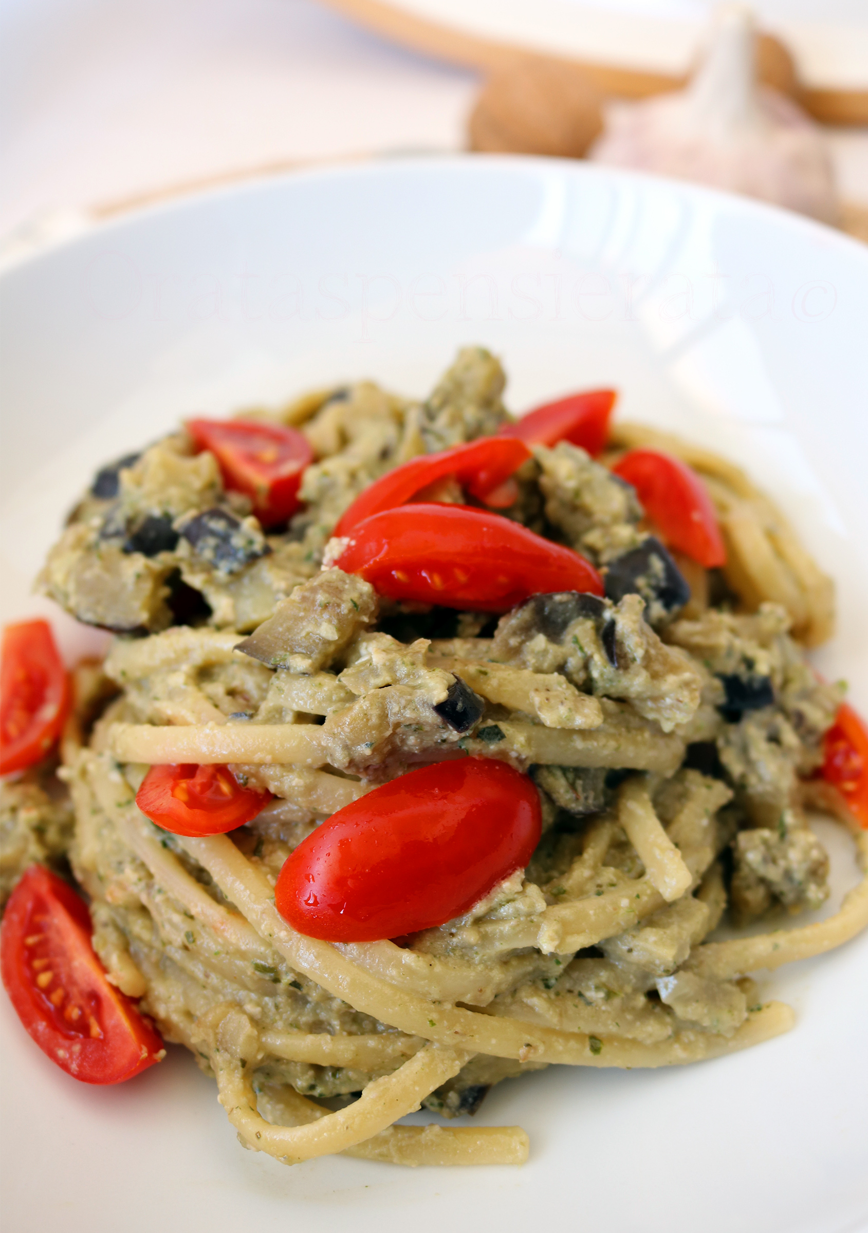 linguine alle melanzane con pesto di melanzane