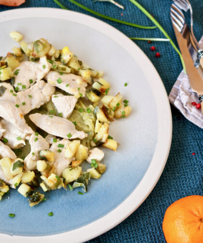 Petto di pollo con patate e cipollotti al profumo di mandarino
