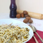 Spaghetti alla chitarra allo zafferano con carciofi, ricotta e noci