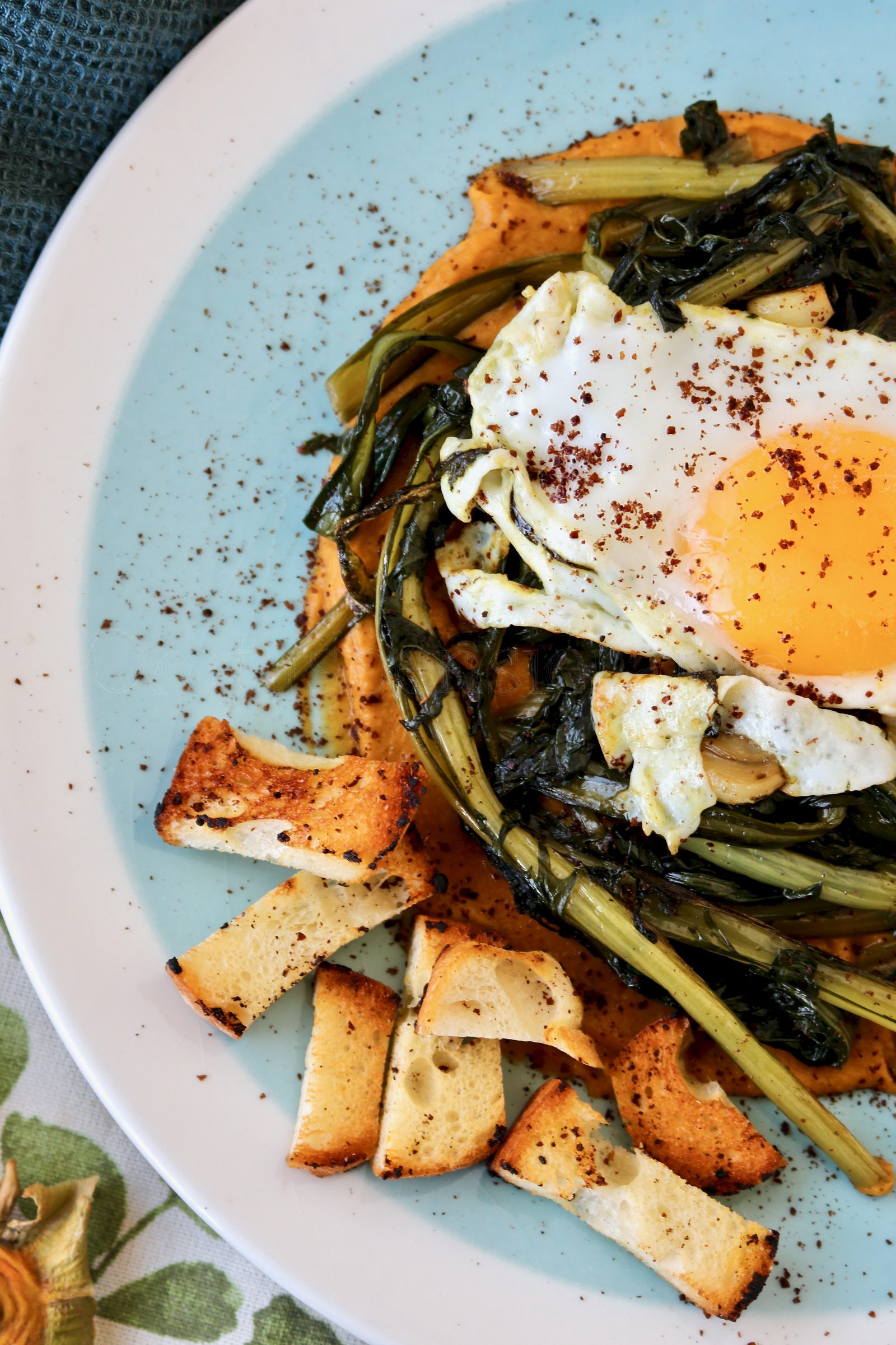 Uova al tegamino su nido di catalogna e zucca violina